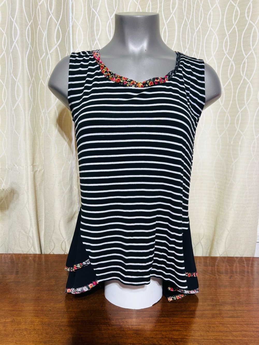 Pebble & Stone Black & White Striped Tank with Peplum and Floral Trim